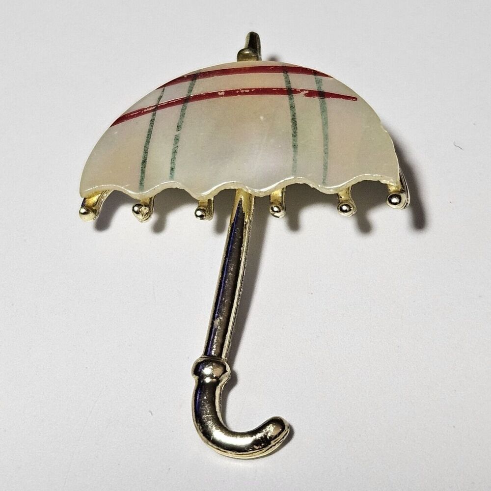 Vintage Gold Tone And Mother Of Pearl Red Green Plaid Umbrella Brooch